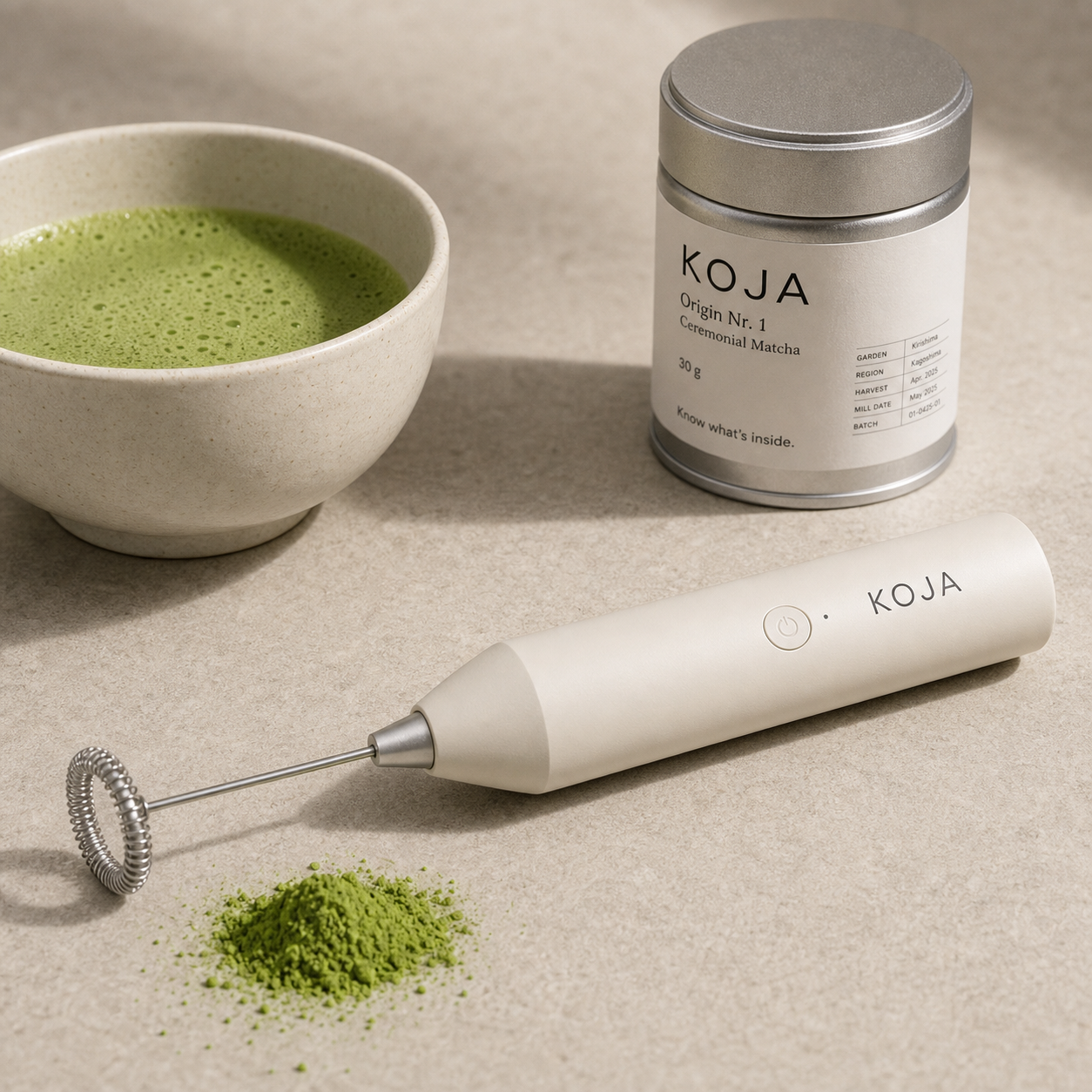 KOJA electric frother with matcha bowl, silver KOJA tin and light premium matcha powder