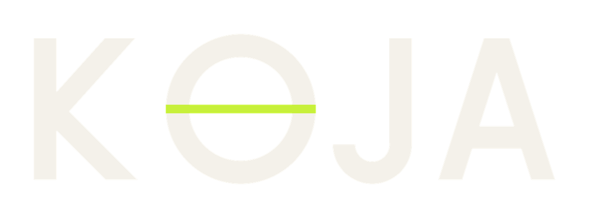 KOJA wordmark in paper off-white on a transparent background