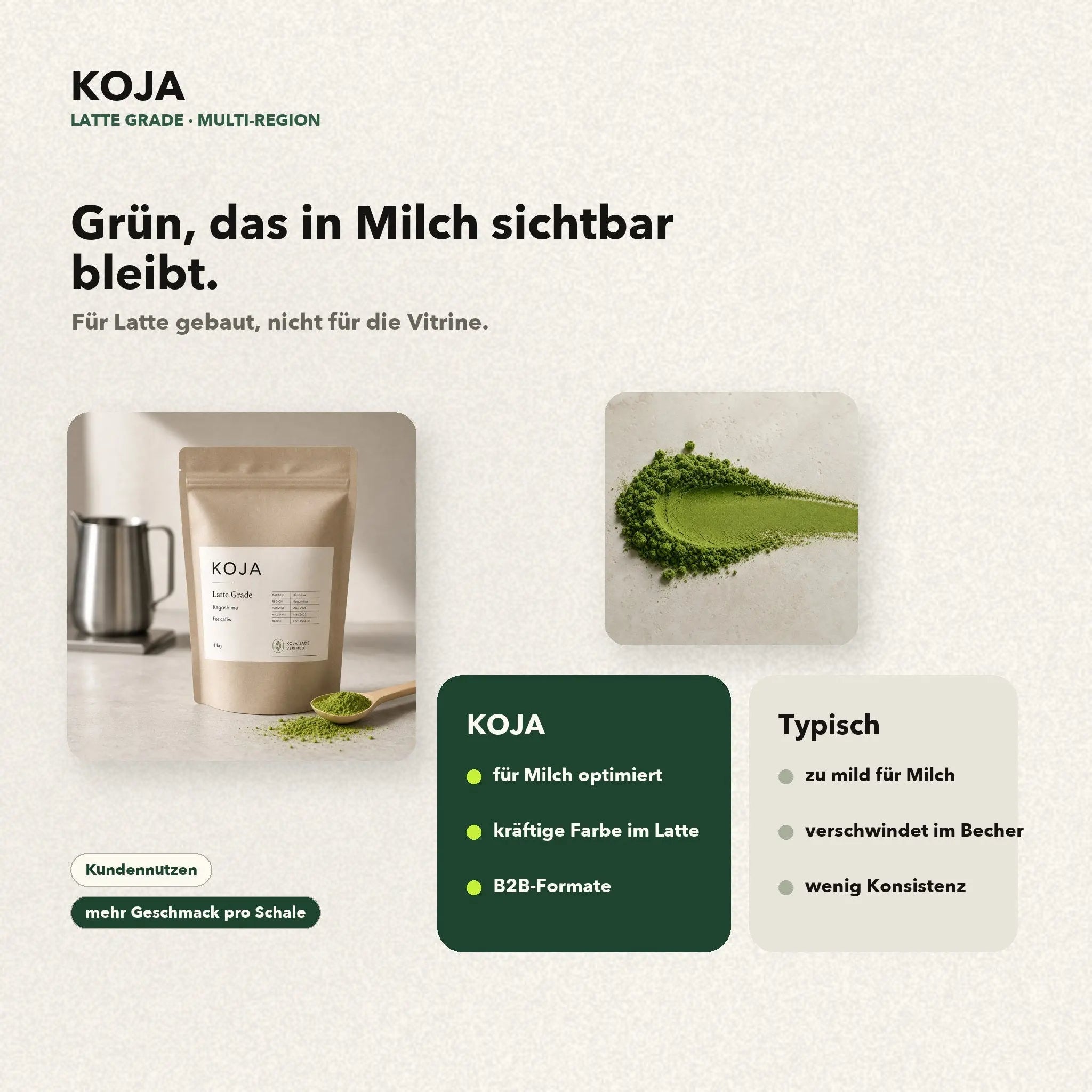 KOJA Latte Matcha: kräftiges Grün, das unter Milch sichtbar bleibt