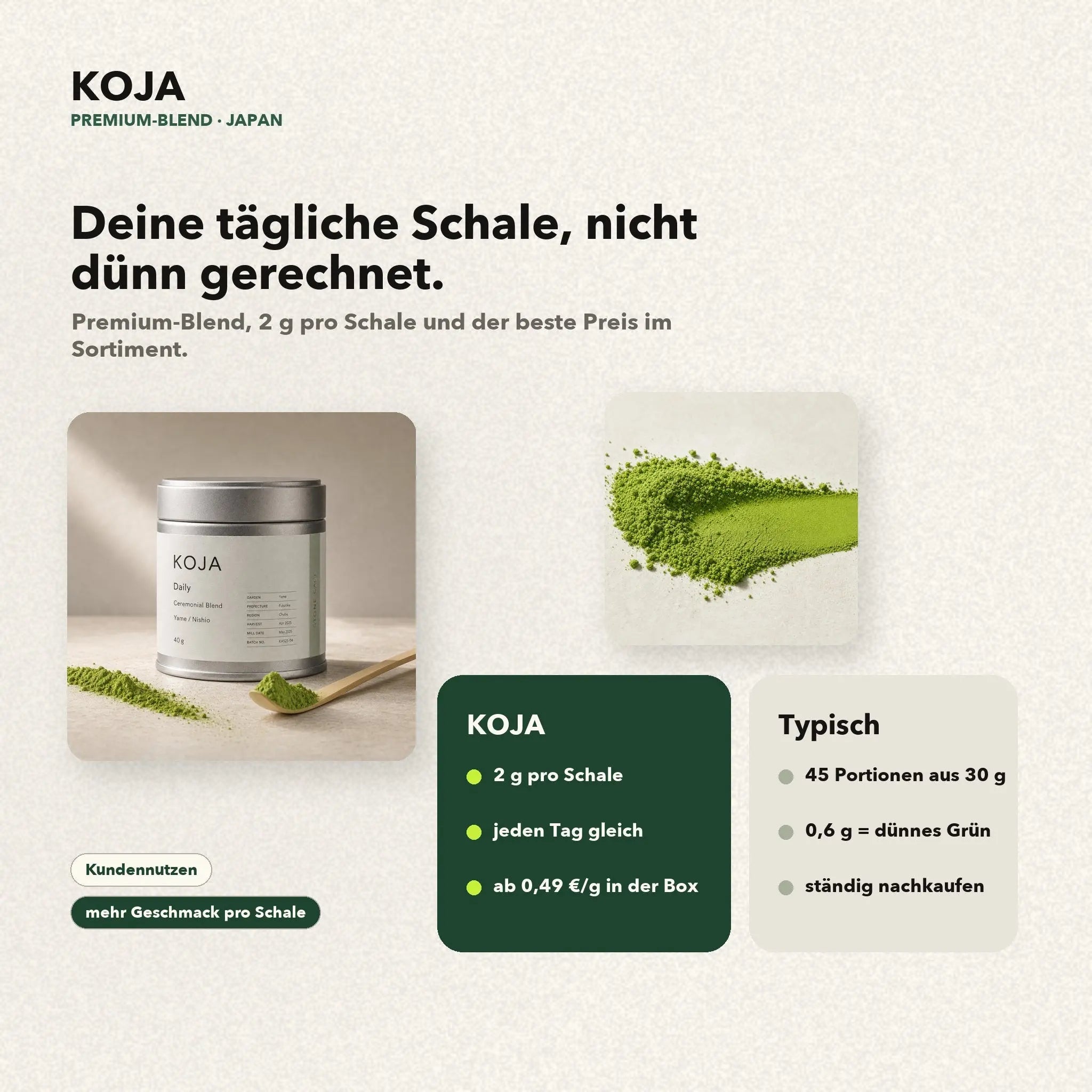 KOJA Daily Matcha: die tägliche 2-g-Schale Premium-Blend