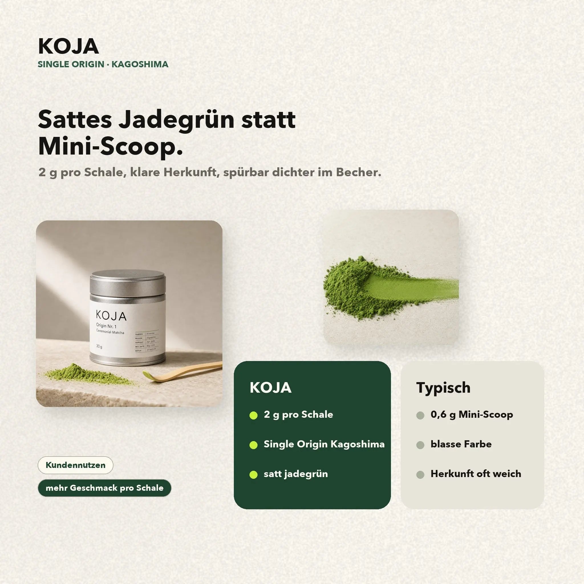 Kagoshima Ceremonial Matcha: sattes Jadegrün, 2 g pro Schale, Single Origin