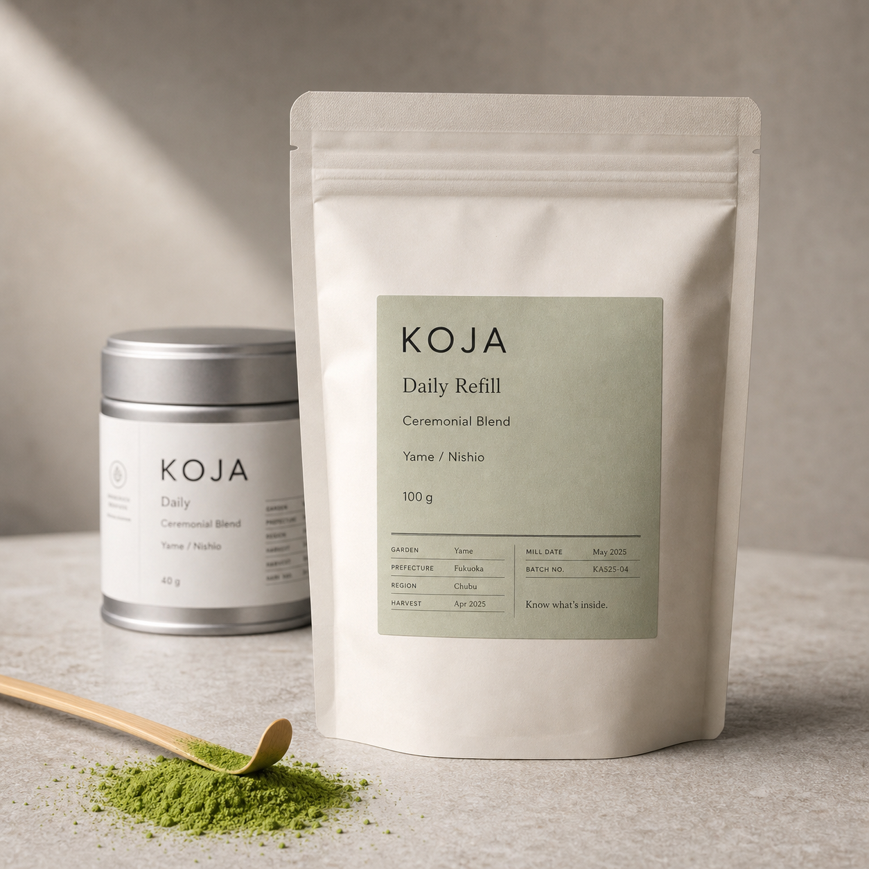 KOJA Daily refill pouch, 100 g, with tin and light premium matcha powder
