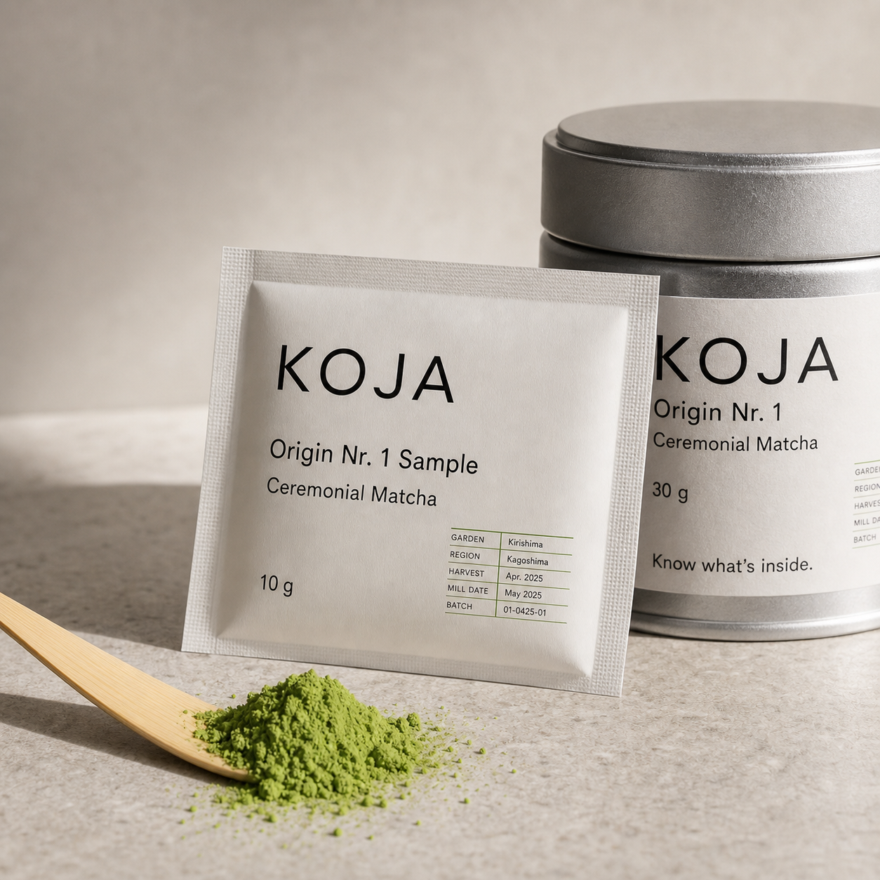 KOJA Origin Nº 1 sample sachet, 10 g, with ceremonial matcha tin and light premium matcha powder