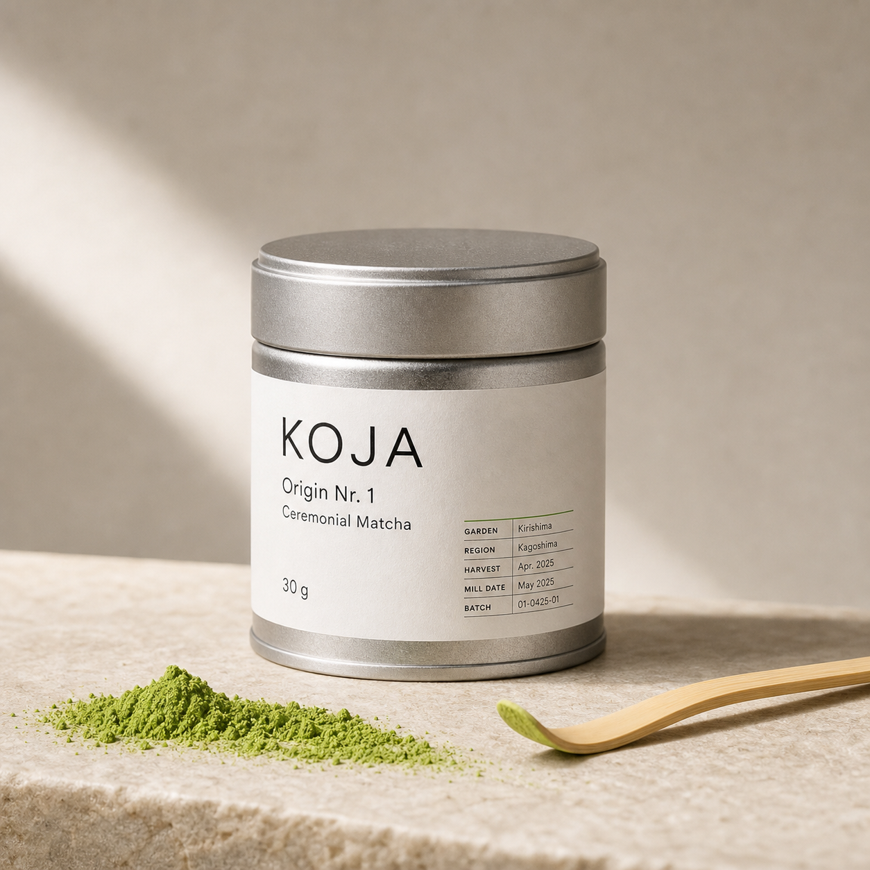 KOJA Origin Nº 1 ceremonial matcha tin, 30 g, with light premium matcha powder and bamboo spoon