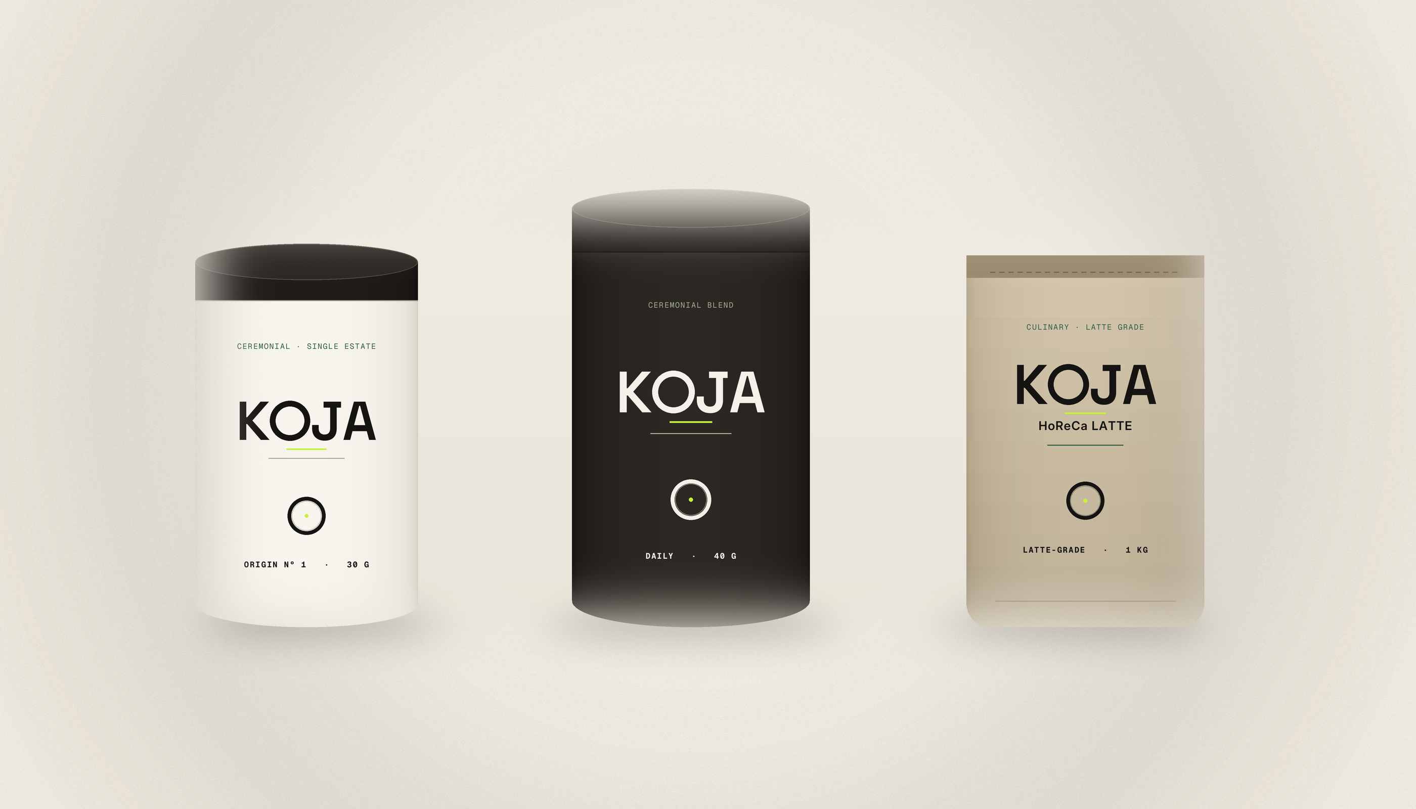 The KOJA range side by side: Origin Nº 1 tin, Daily tin and HoReCa kraft pouch